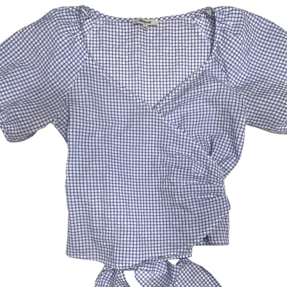 Madewell Blue and White Gingham Seersucker Wrap Top Size Medium - Picture 2 of 12
